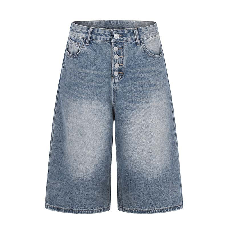 Single-row button denim shorts in blue from eprolo