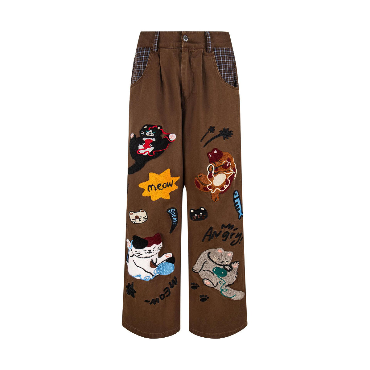 Cat Embroidered Jeans, brown denim with cartoon cat patches and plaid pockets, by eprolo.