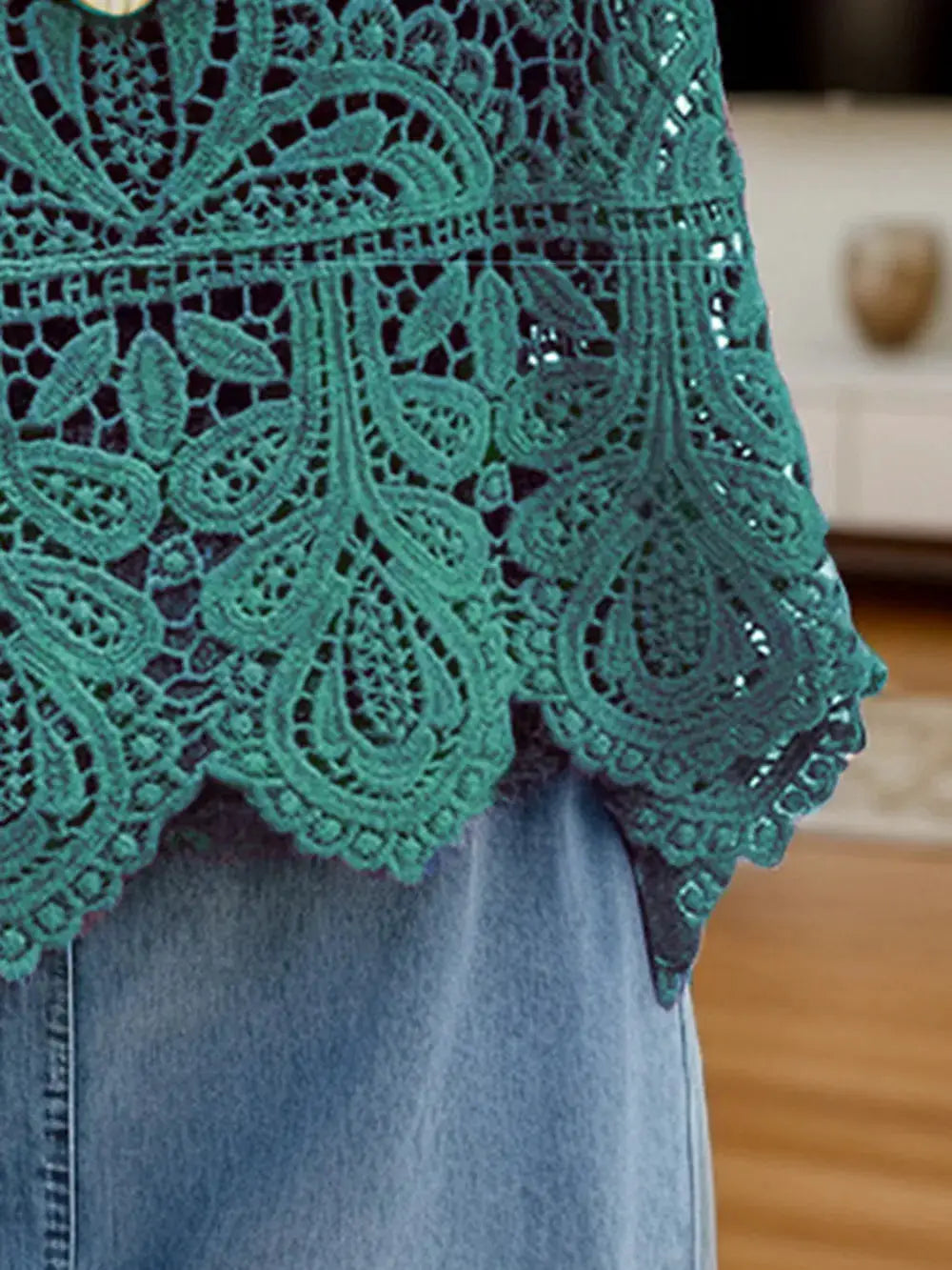 Lightweight cotton sleeveless scoop-neck cover-up in teal lace by Trendsi, worn over blue jeans