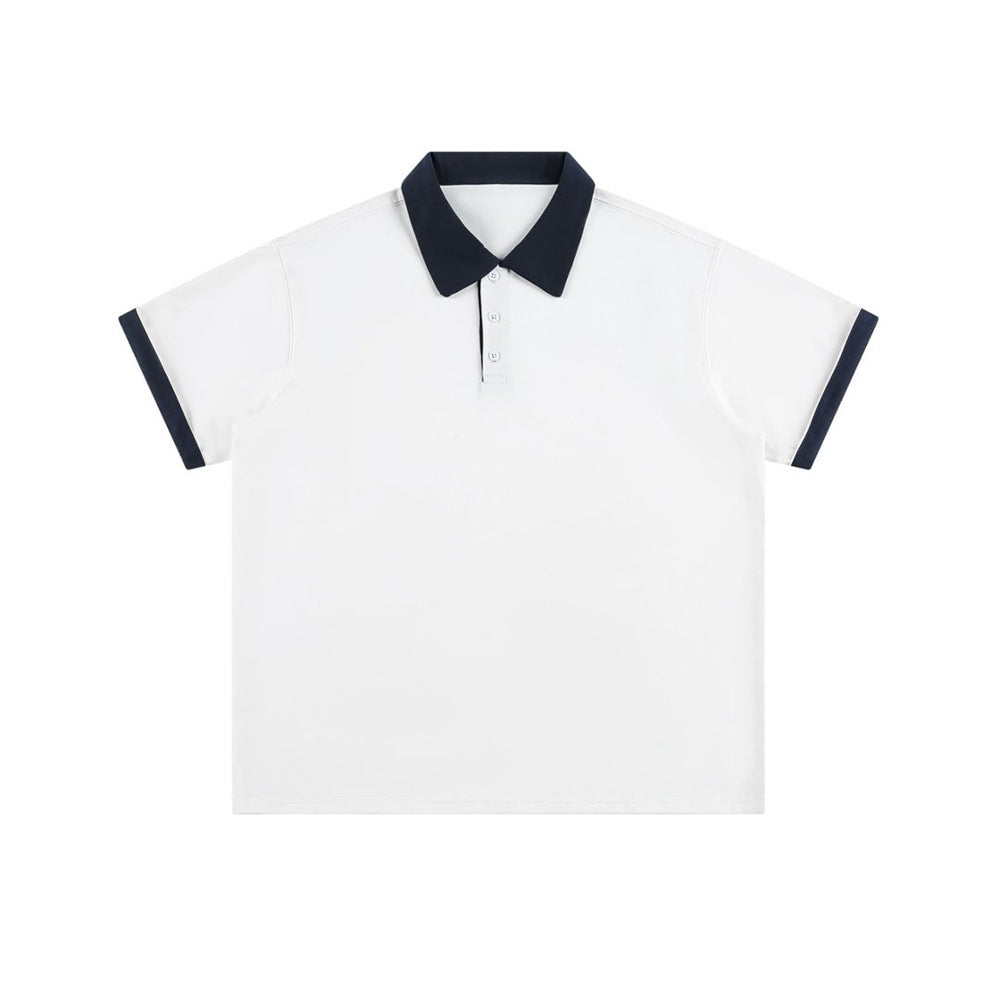 Loose half sleeved polo shirt in white with navy collar and cuffs