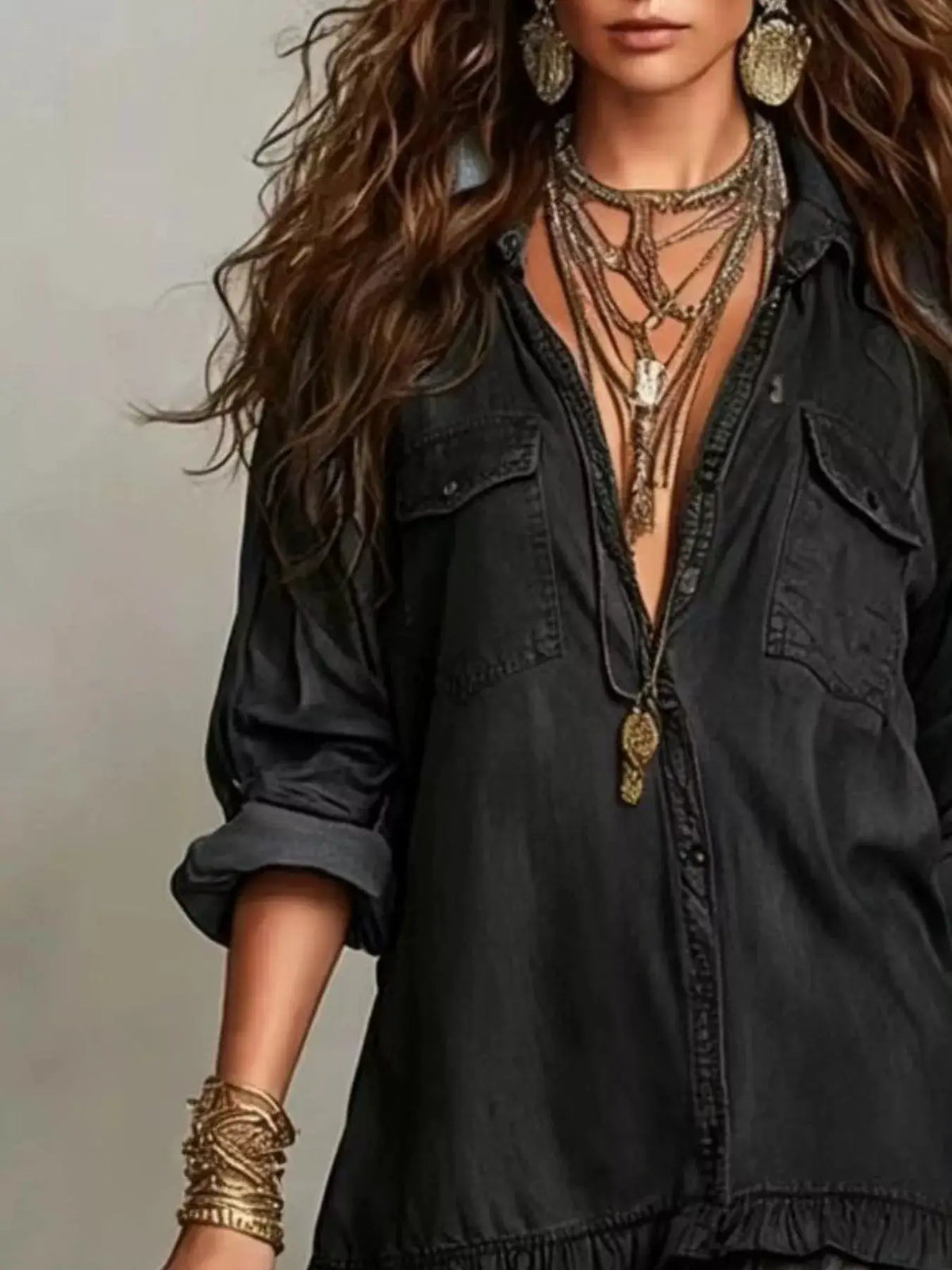 Denim shirt maxi dress by Trendsi in black, tiered long sleeves with pockets