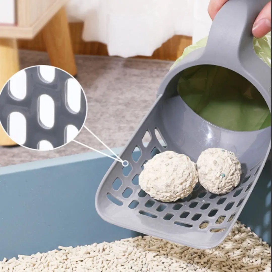 Gray cat litter scoop bucket, large capacity with perforated tray and removable liner