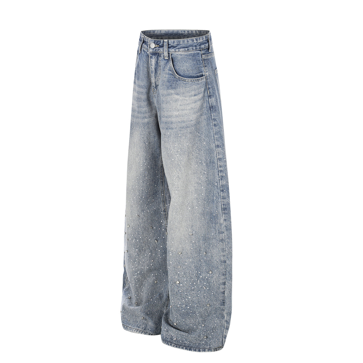 High-waisted blue denim jeans, distressed washed finish, loose straight-leg fit
