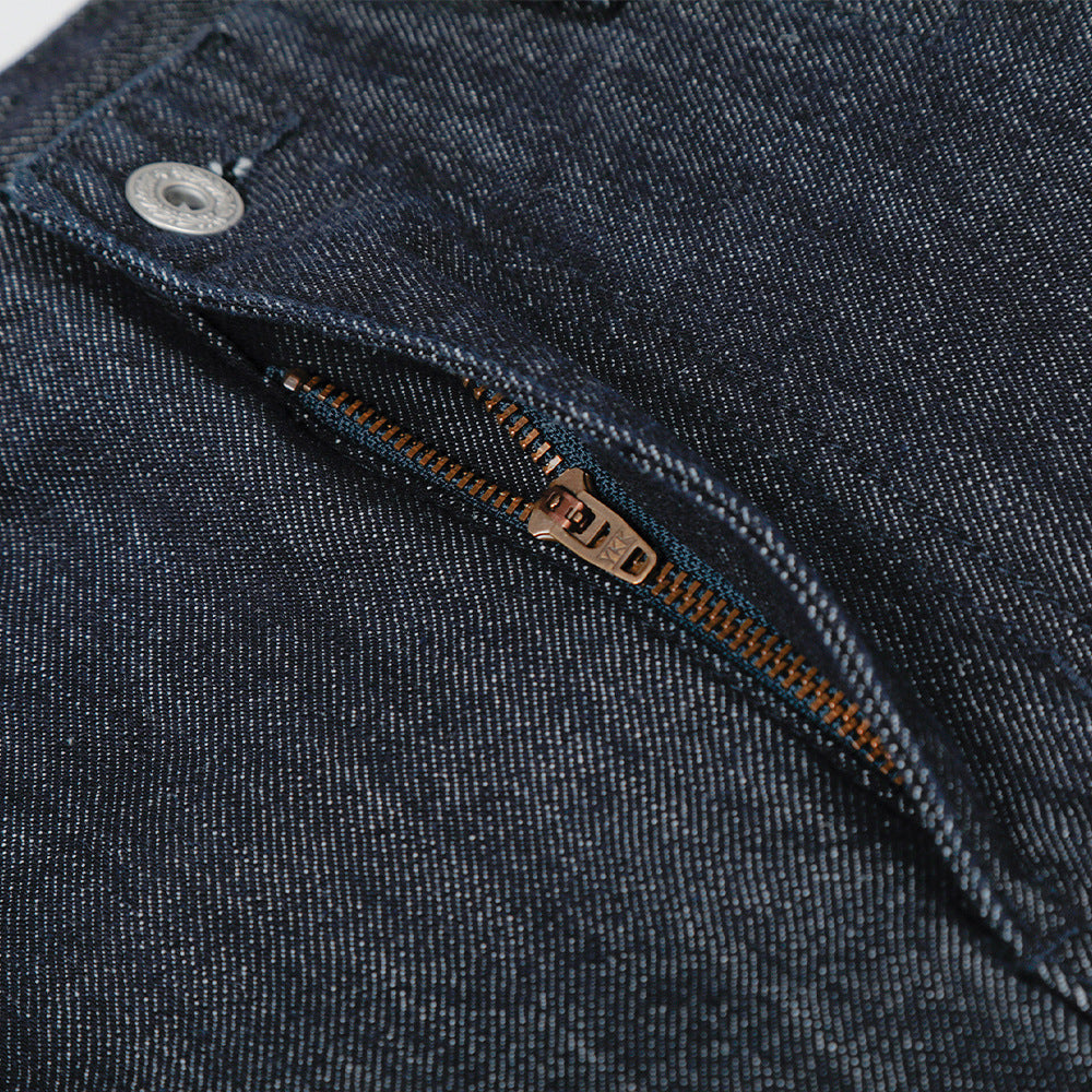 Wide leg denim pants by eprolo; dark indigo fabric with metal zipper.