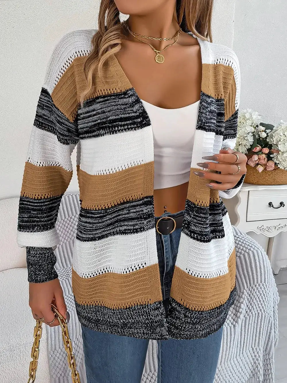 Openwork striped open-front cardigan by Trendsi in camel, white, and black knit; lightweight relaxed fit