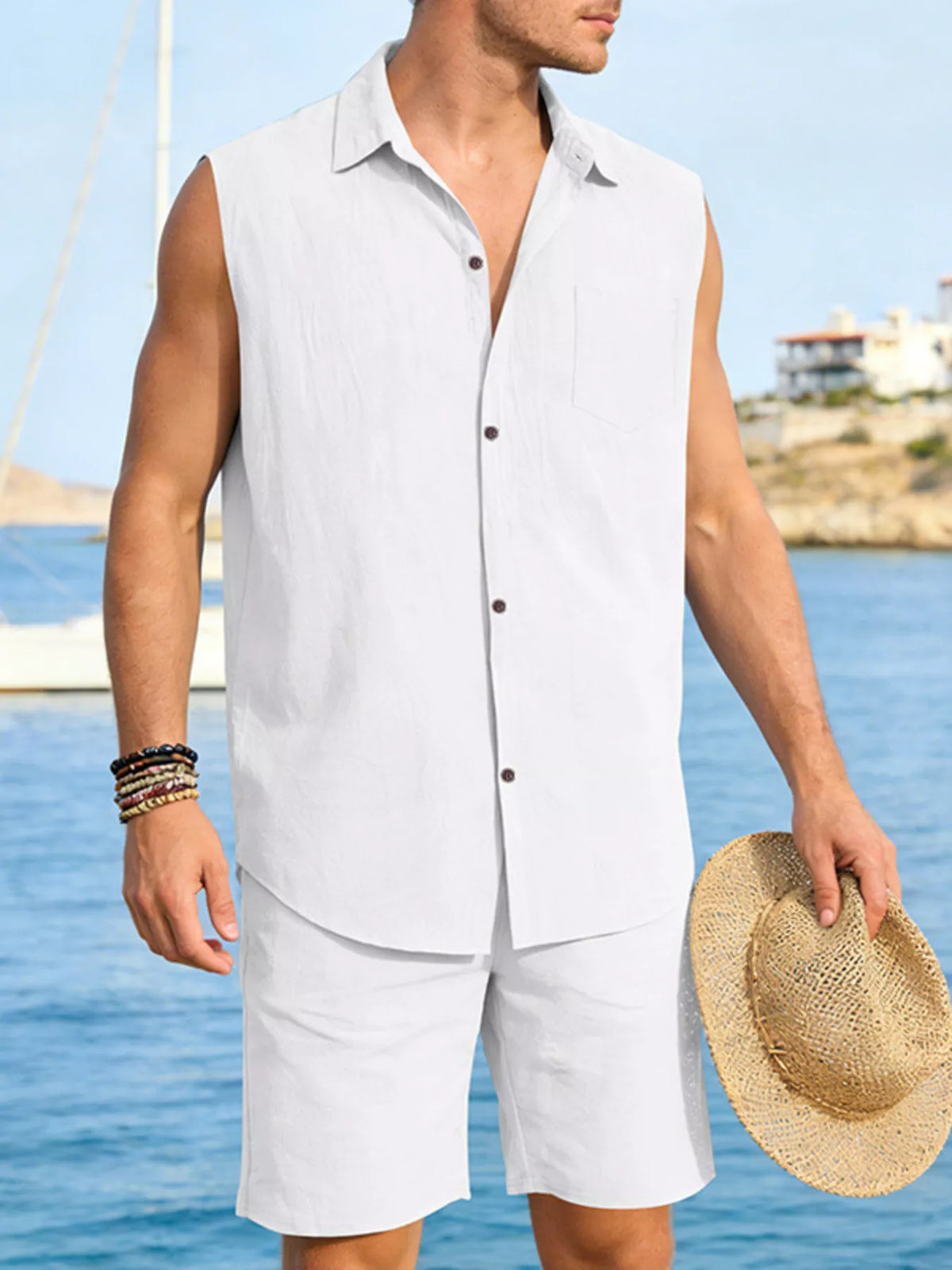 Men's plus-size sleeveless button-up top and shorts set, 2-piece, light gray.