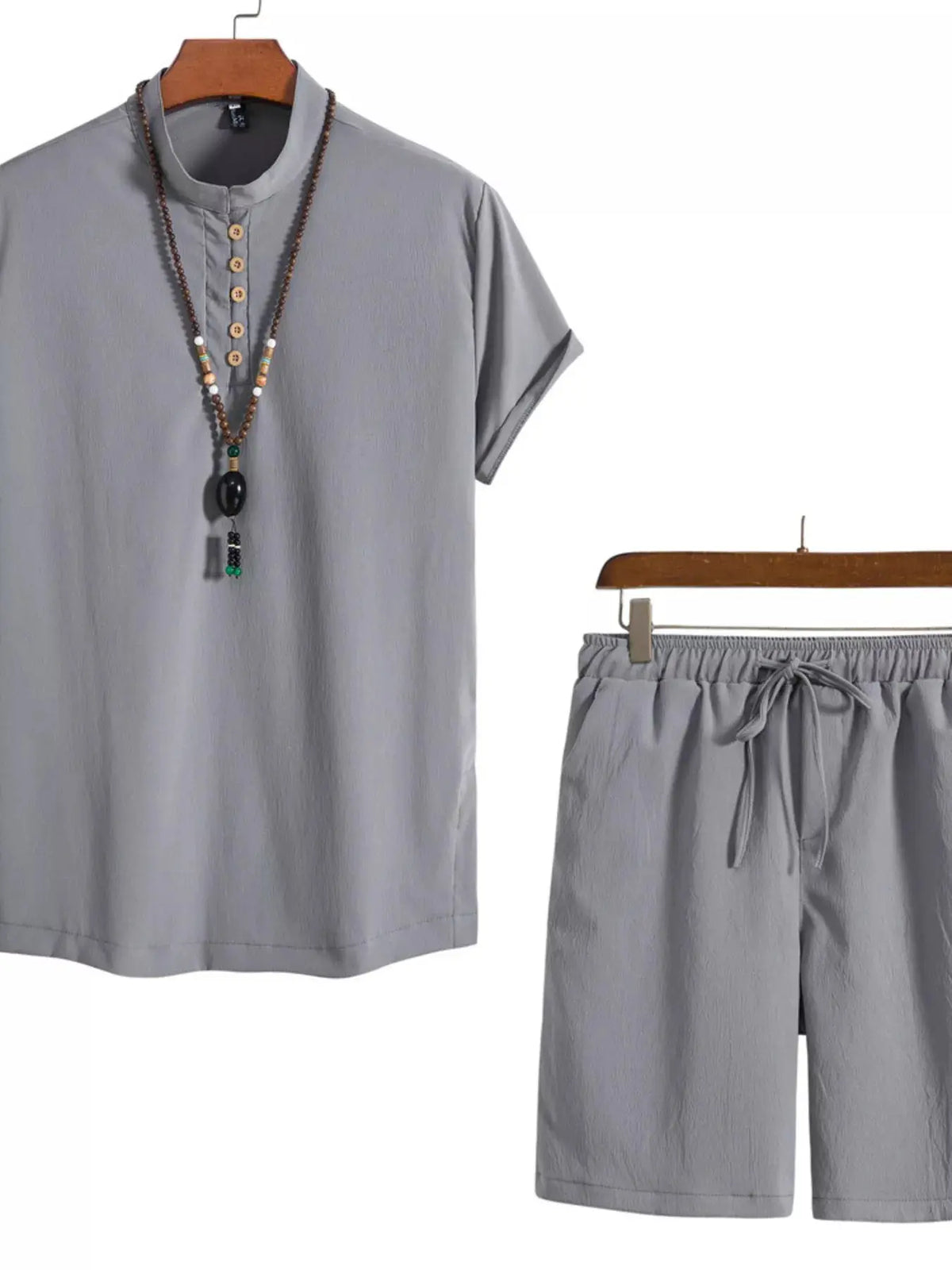 Trendsi men's plus-size mandarin-collar short-sleeve shirt and shorts two-piece set, light gray.