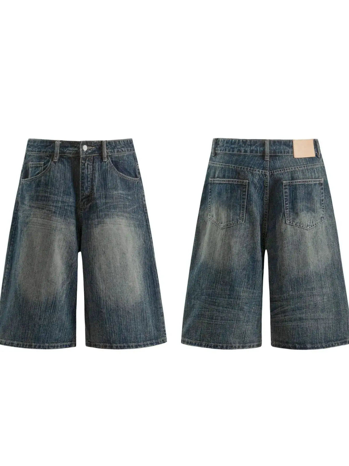 Men's wide-leg denim shorts in soft stretchy washed fabric, blue denim; two pairs shown, Trendsi