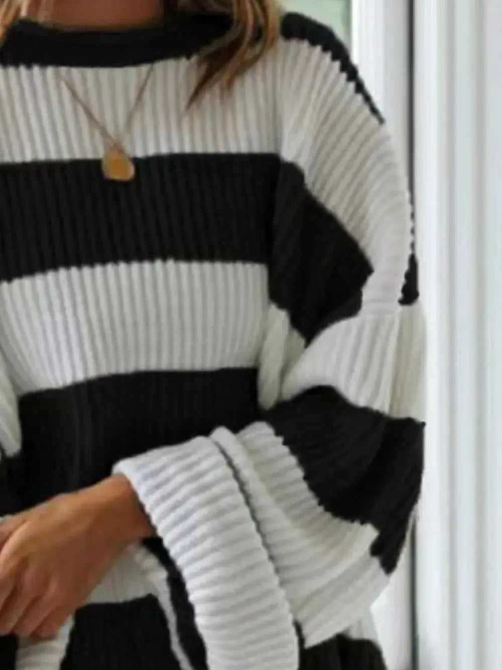Essential Round Neck Long Sleeve Soft Stretch Sweater, black and ivory striped knit