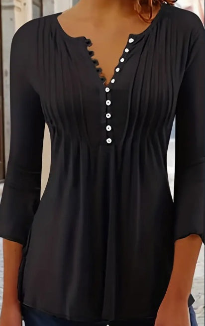 Blusa fruncida con botones delanteros, blusa informal de cuello redondo liso, ropa de mujer
