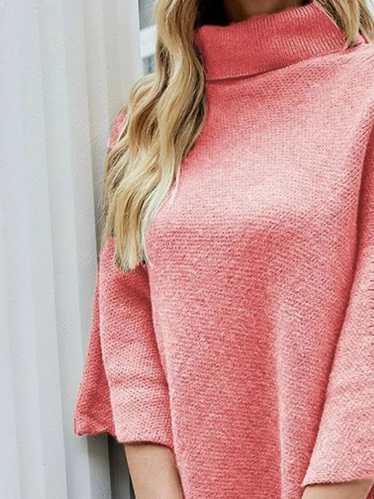 Button Turtleneck Poncho Pullover in pink textured knit by Trendsi