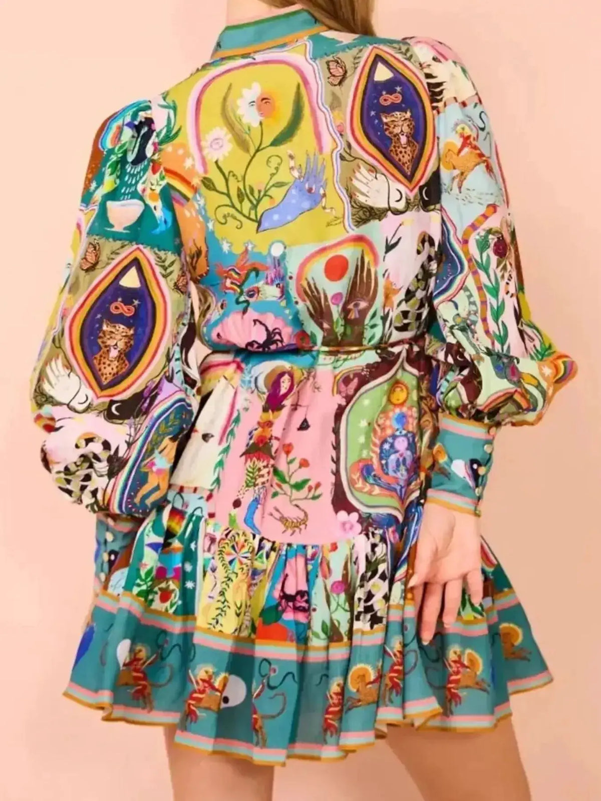 Trendsi printed long-sleeve mini dress with belt in vibrant teal multicolor pattern