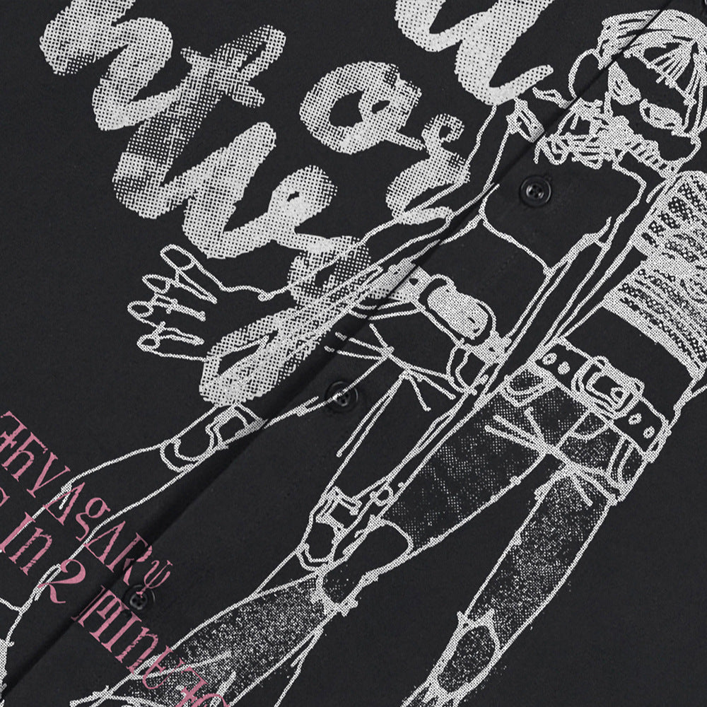 Human printed loose short-sleeve shirt, black with white street-art graphic, by eprolo