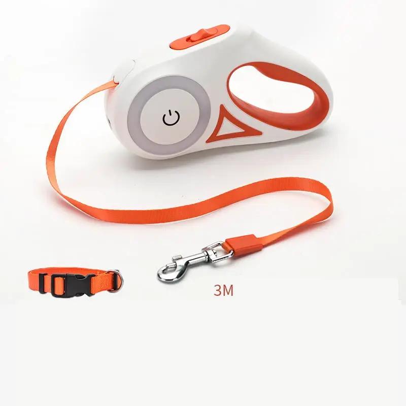 AdTec retractable dog leash with white housing and orange strap; includes orange collar and metal clip, 3M length