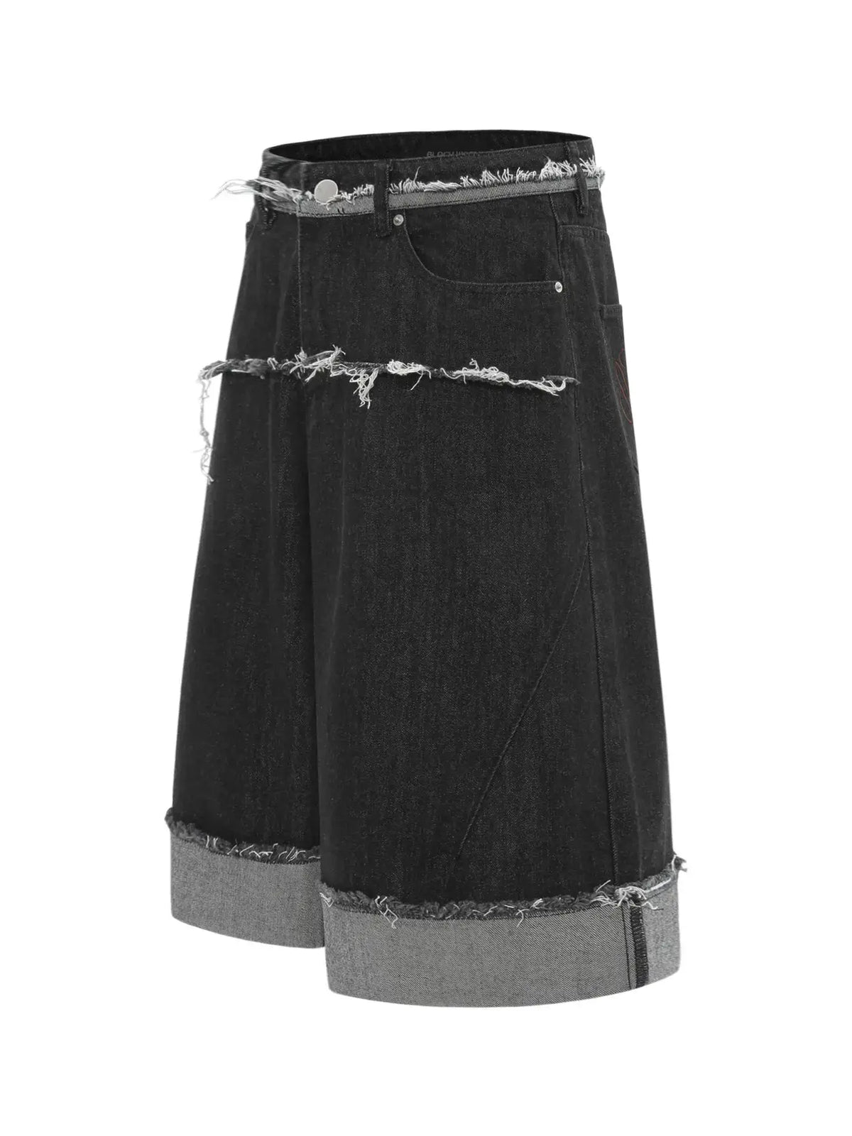 Men's black denim shorts with slight stretch, frayed raw hems and contrast cuffs