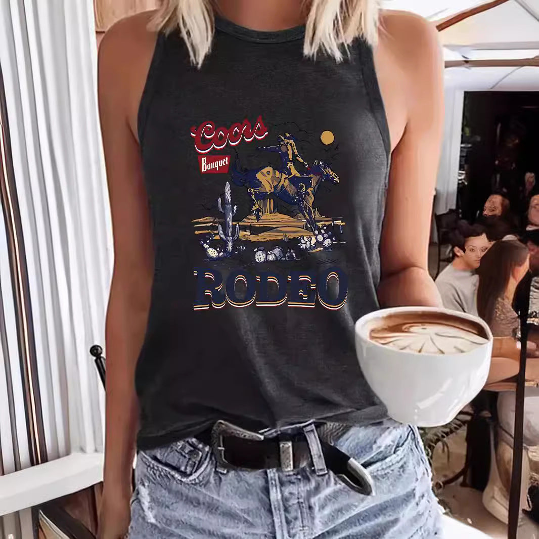 Western denim sleeveless top by eprolo, black with Coors Banquet rodeo graphic and RODEO lettering