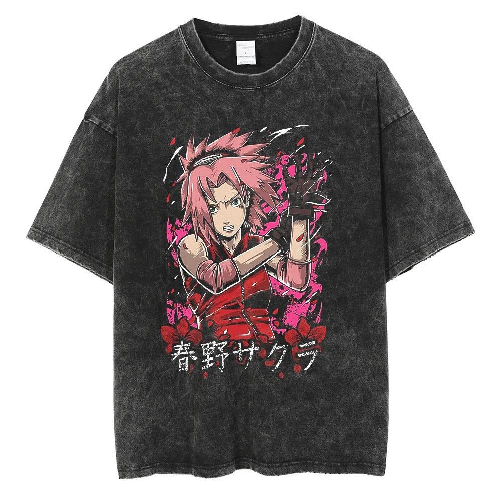 T-shirt motif anime Naruto Harajuku délavé