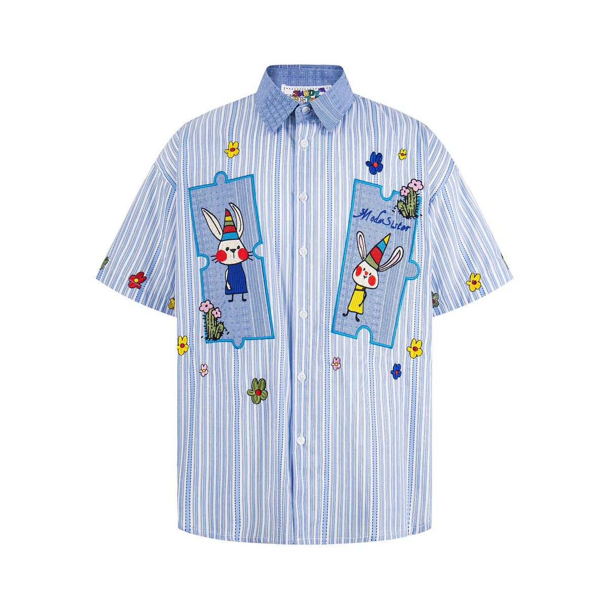 Rabbit embroidered short-sleeve shirt, blue striped with bunny patches, by eprolo
