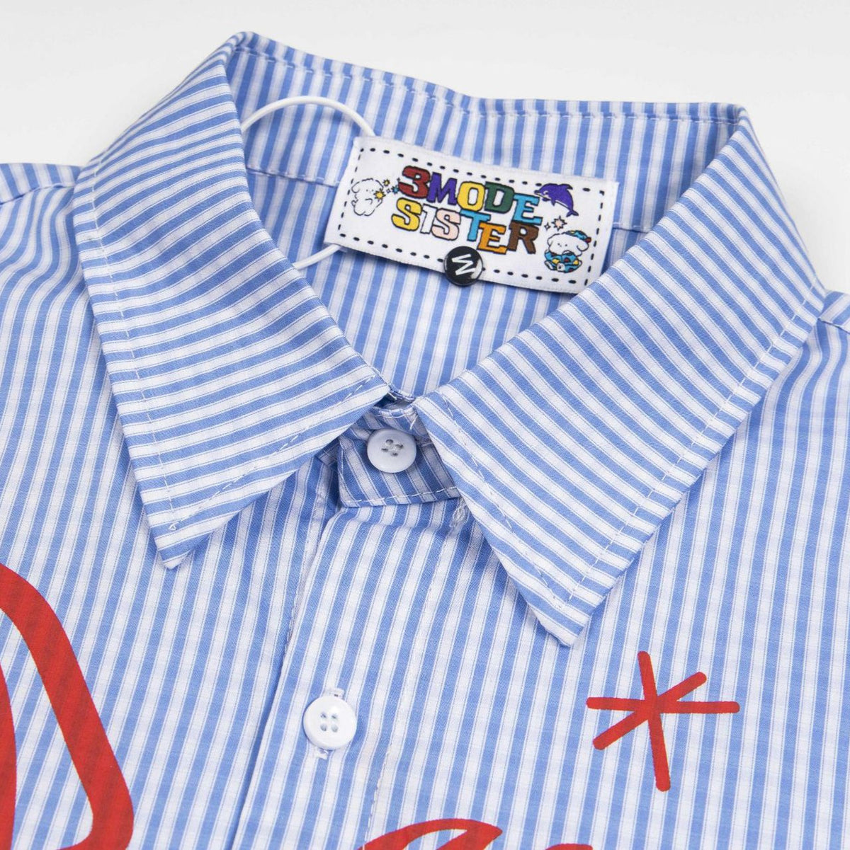 Sausage dog printed striped shirt, blue and white cotton, collared with buttons, by eprolo