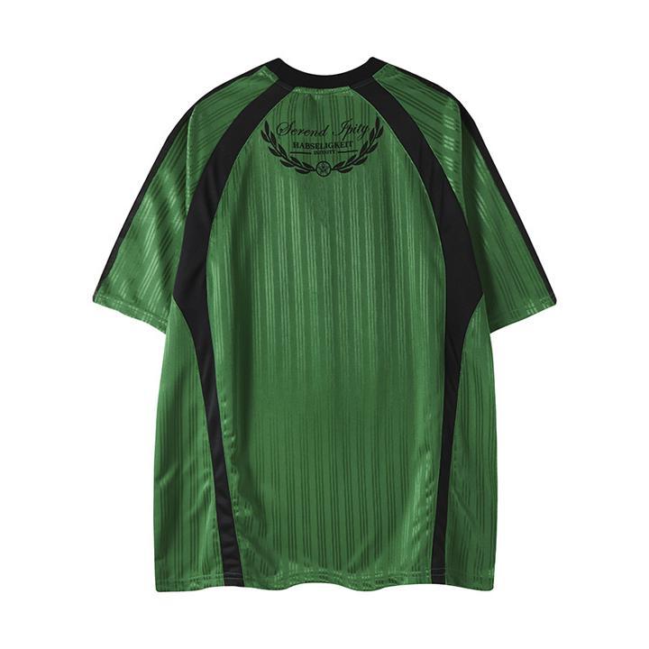 Contrast striped green sports short-sleeved T-shirt with black side panels