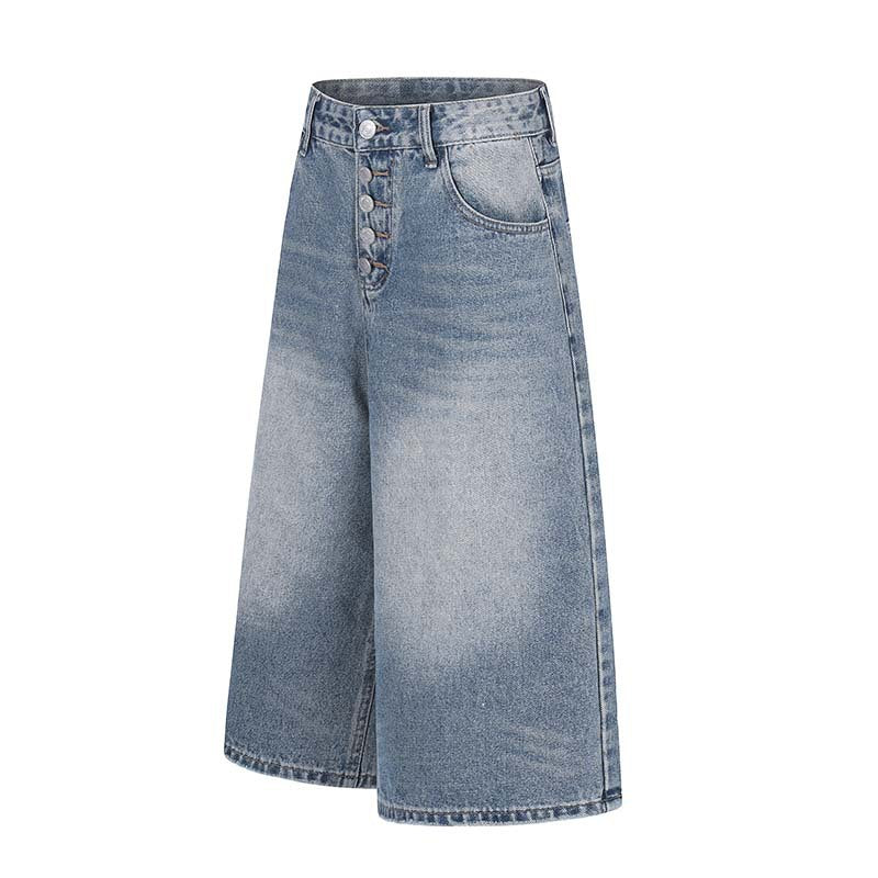 Single row button denim shorts in blue with button fly by eprolo