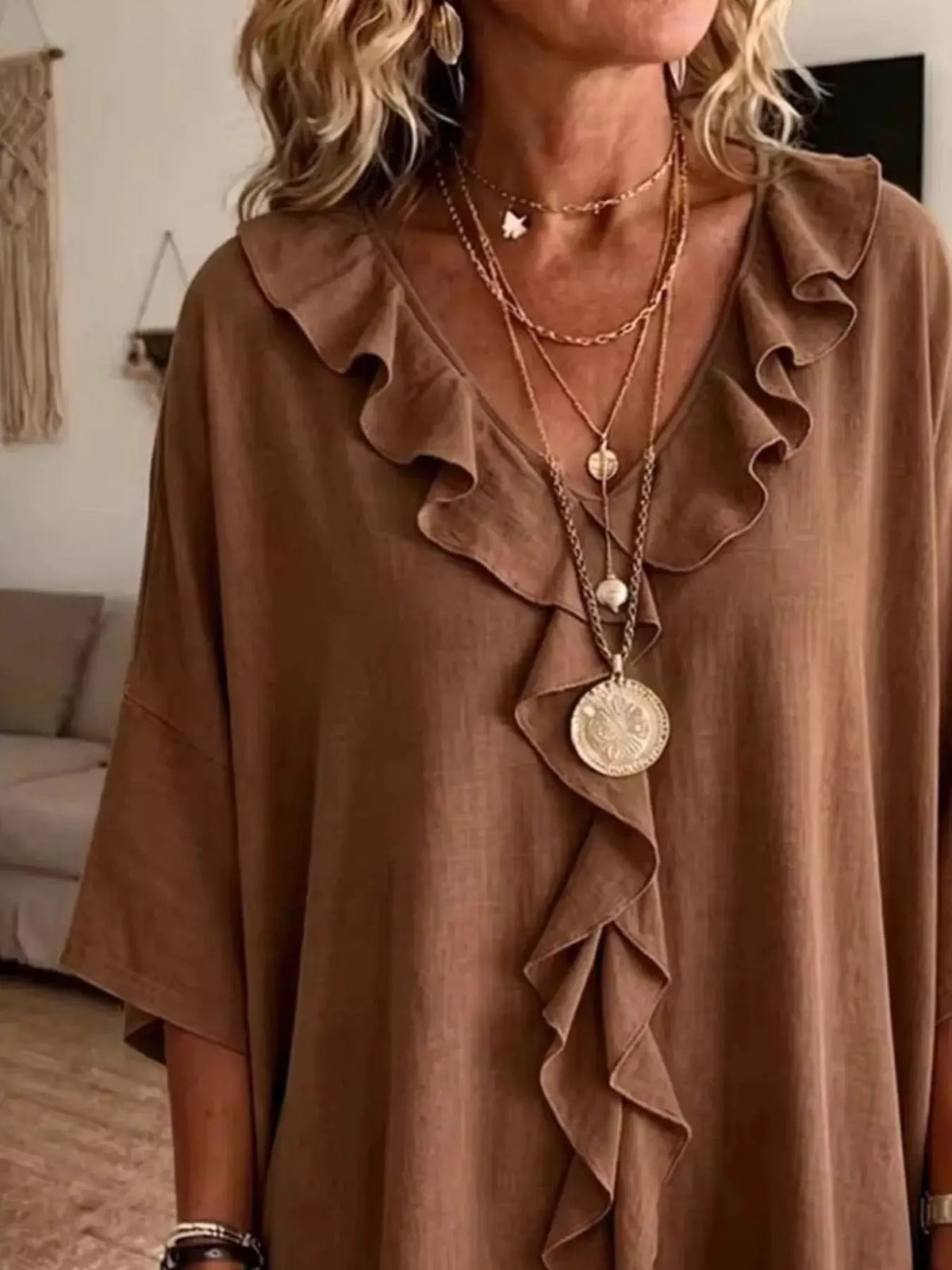 Full Size Ruffle V-Neck 3/4 Sleeve Blouse Plus Size in brown with ruffle trim