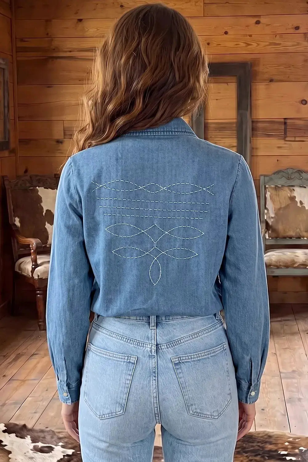 Light blue denim shirt with back embroidery, long sleeves