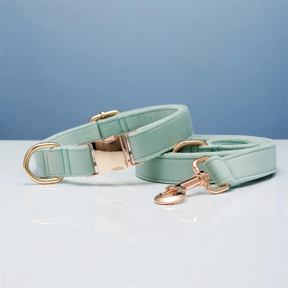 AdTec velvet dog collar and leash set in mint green with rose gold hardware