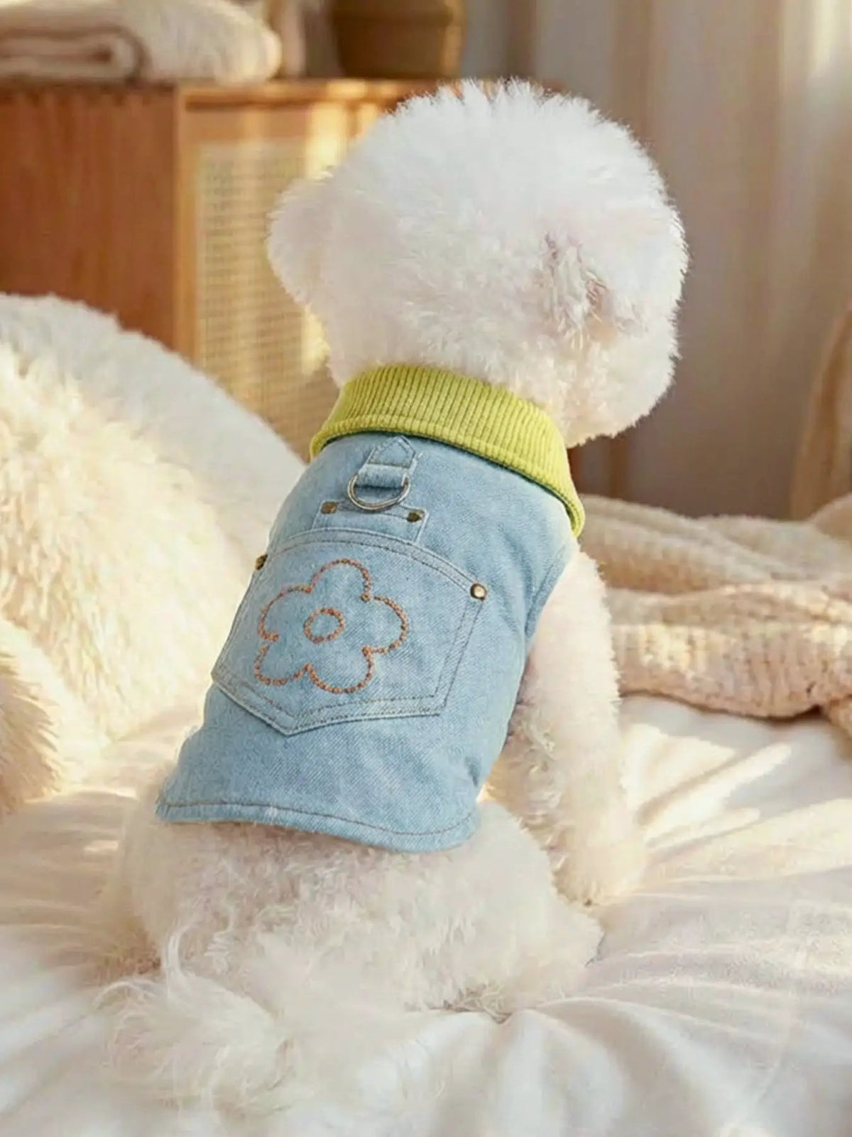 Denim flower-embroidered pet top with lime-green collar and pocket flower detail