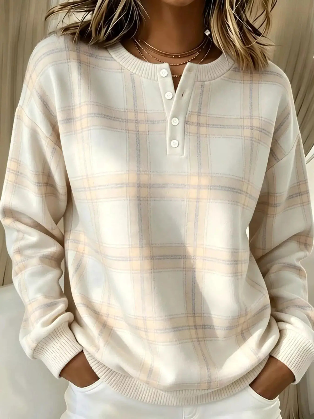 Women's plus-size long-sleeve cream plaid button-front sweatshirt with pale blue lines and ribbed cuffs