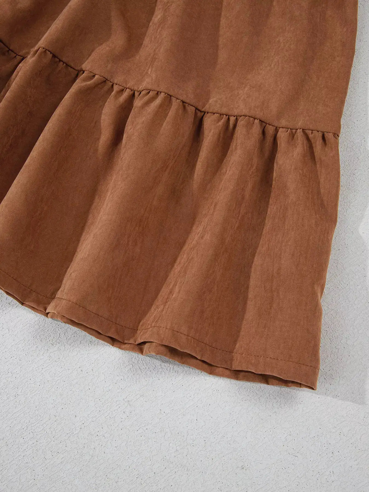 Floral Lace Crochet Tiered Ruffled Mini Dress in brown fabric with gathered tiers