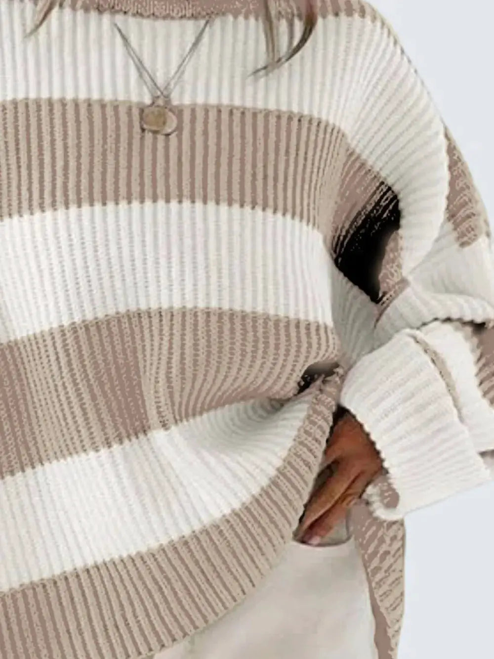 Essential round-neck long-sleeve soft-stretch striped sweater in cream and tan with relaxed-fit silhouette