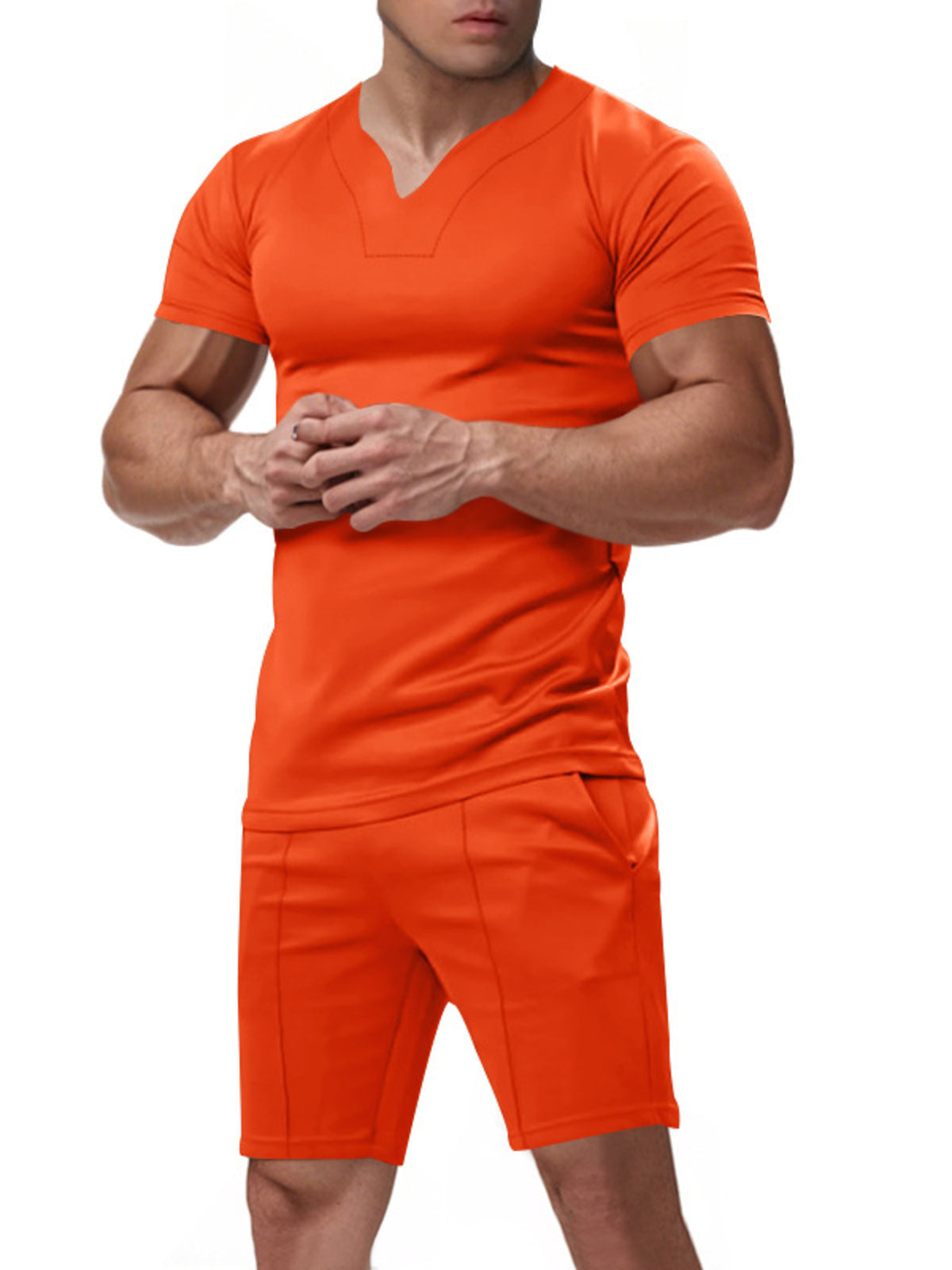 Men's full-size V-neck short-sleeve T-shirt and matching orange shorts set, plus size
