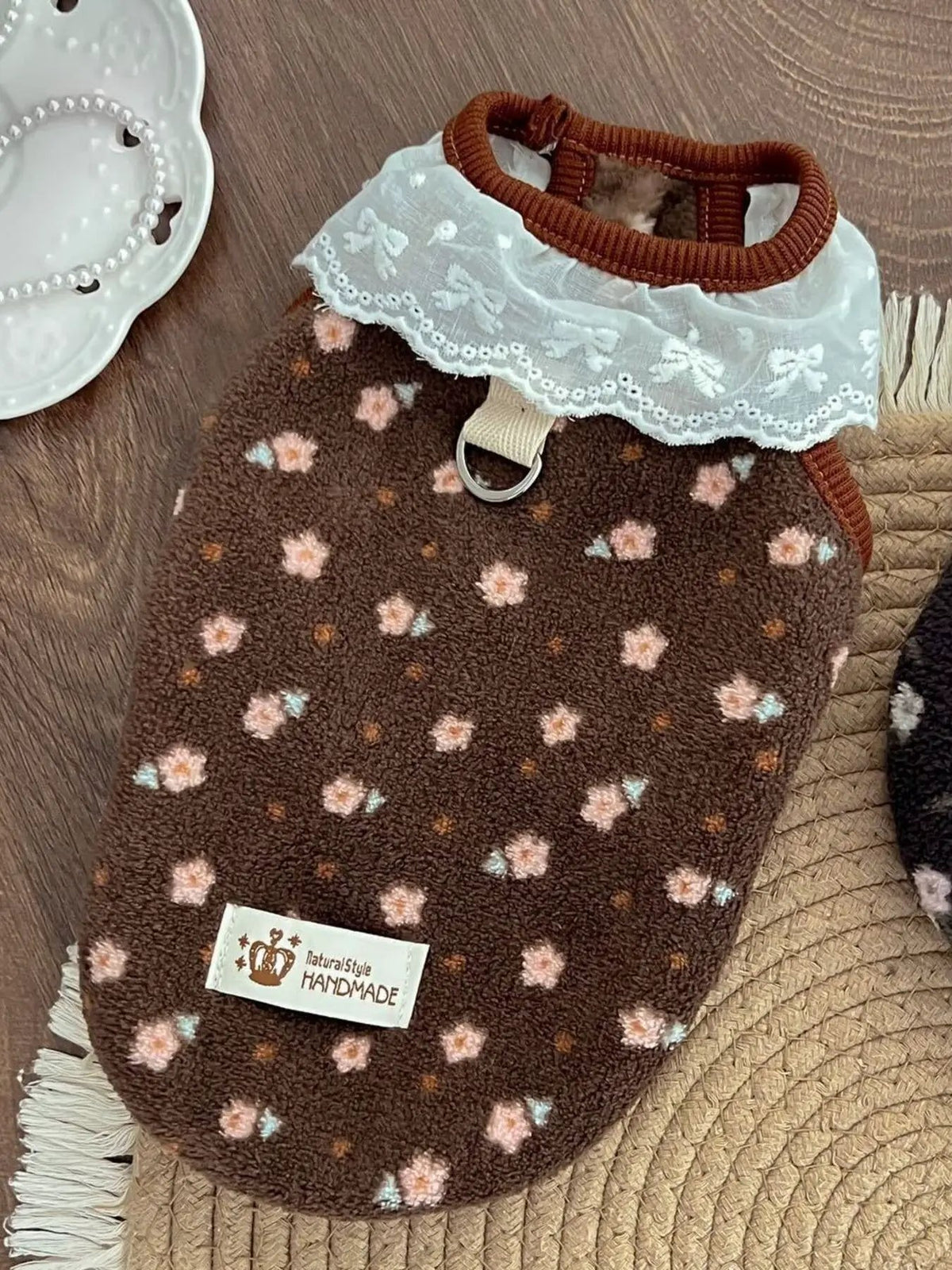 Fleece Pet Top with Lace Collar; brown fleece with pink floral print and white lace trim