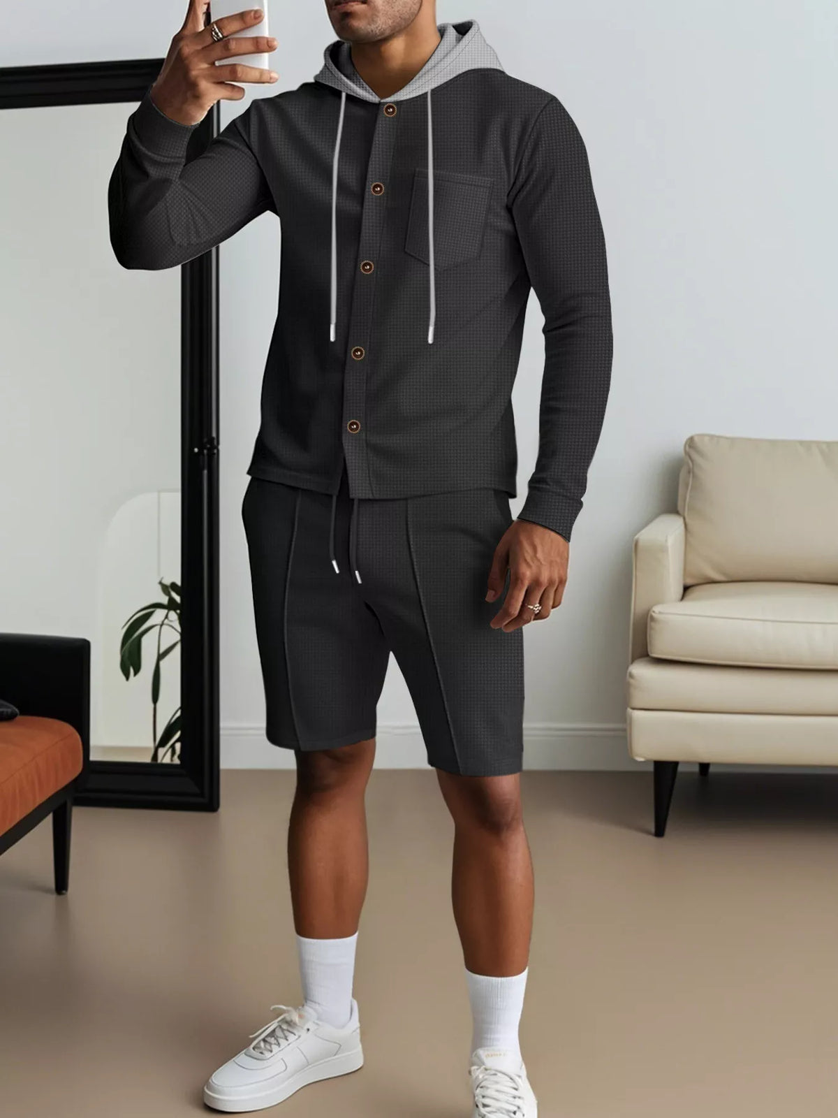 Men's full-size casual hooded button-up top and shorts set in charcoal gray with white drawstrings by Trendsi