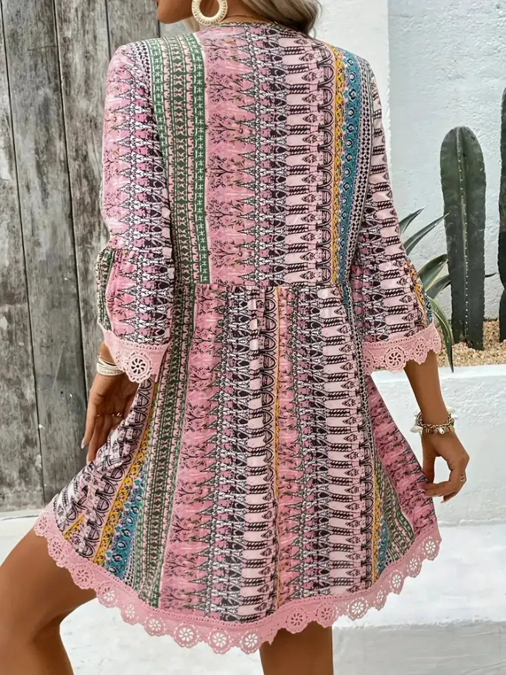 Lace Trim Printed V-Neck 3/4 Sleeve Dress in pink multicolor stripes; pink lace hem