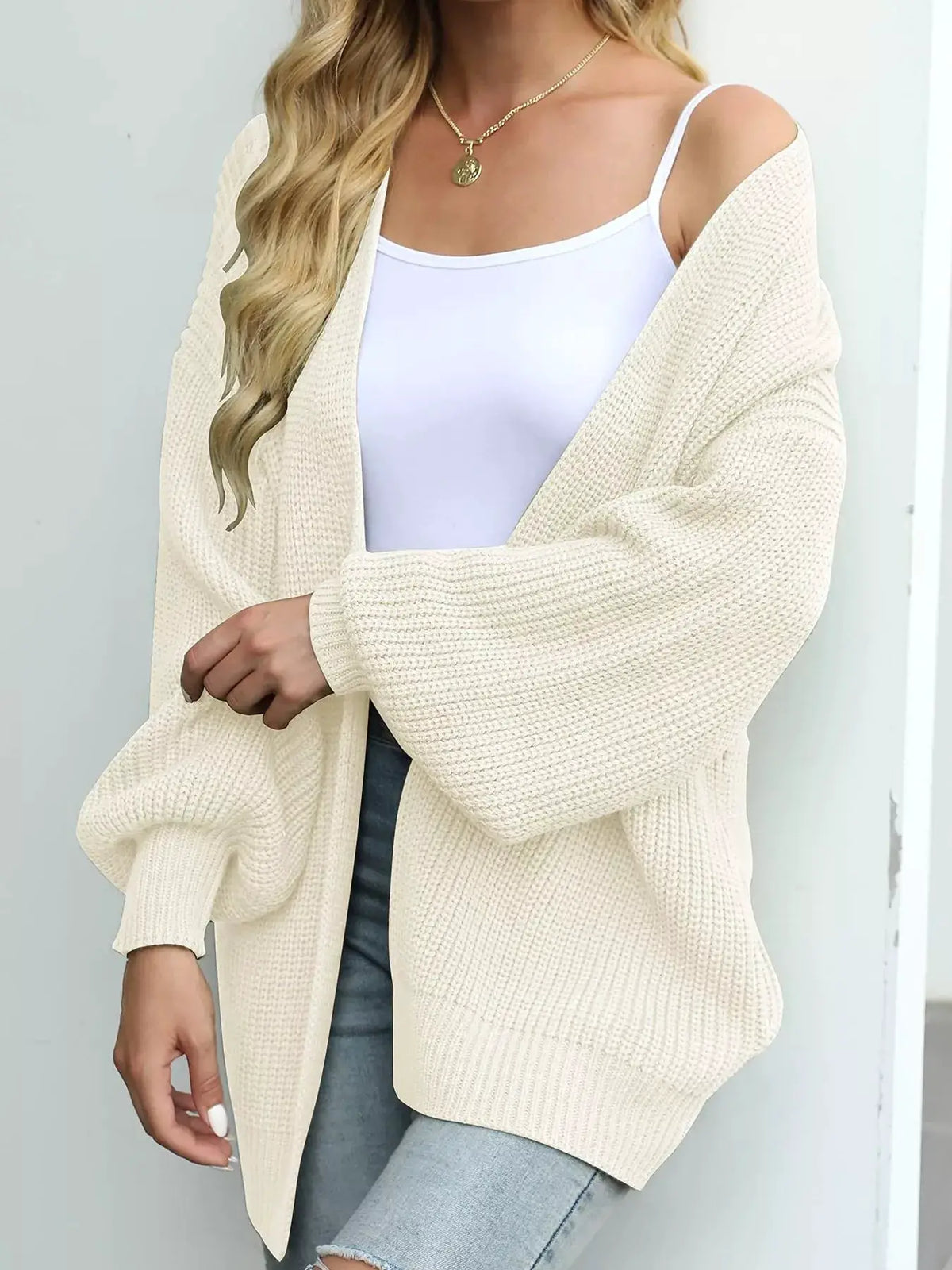 Cardigan: cozy oversized chunky knit cream open-front with lantern sleeves