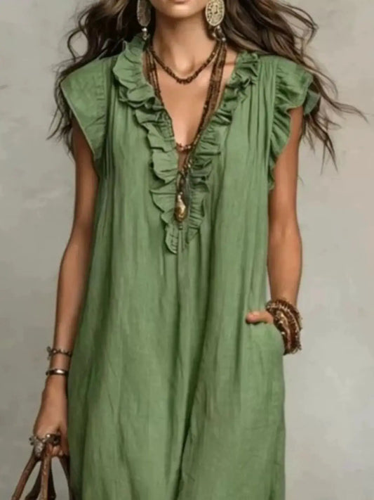 Full-size plus-size green ruffled V-neck cap-sleeve maxi dress by Trendsi.
