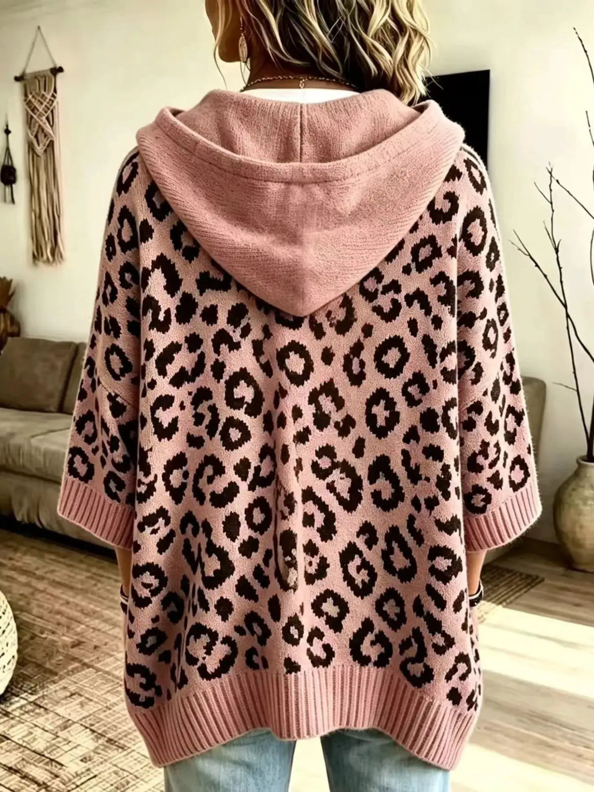 Drawstring leopard hooded sweater by Trendsi in pink knit with black leopard print