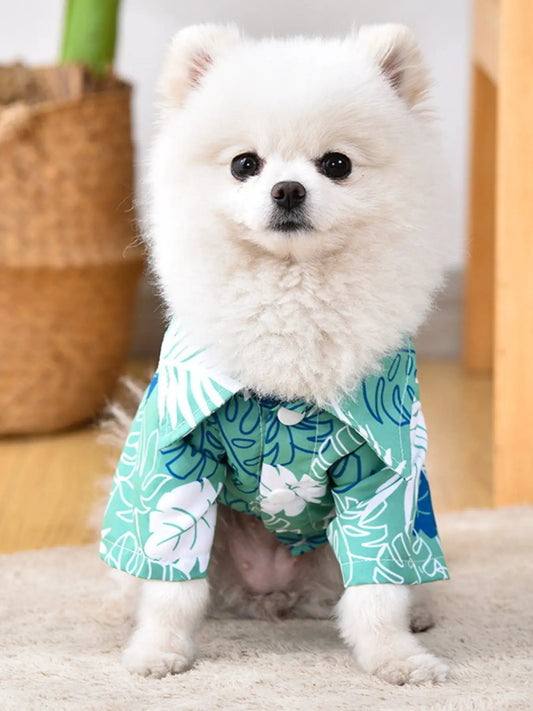 Lightweight pet top in green tropical leaf print worn by fluffy white Pomeranian.