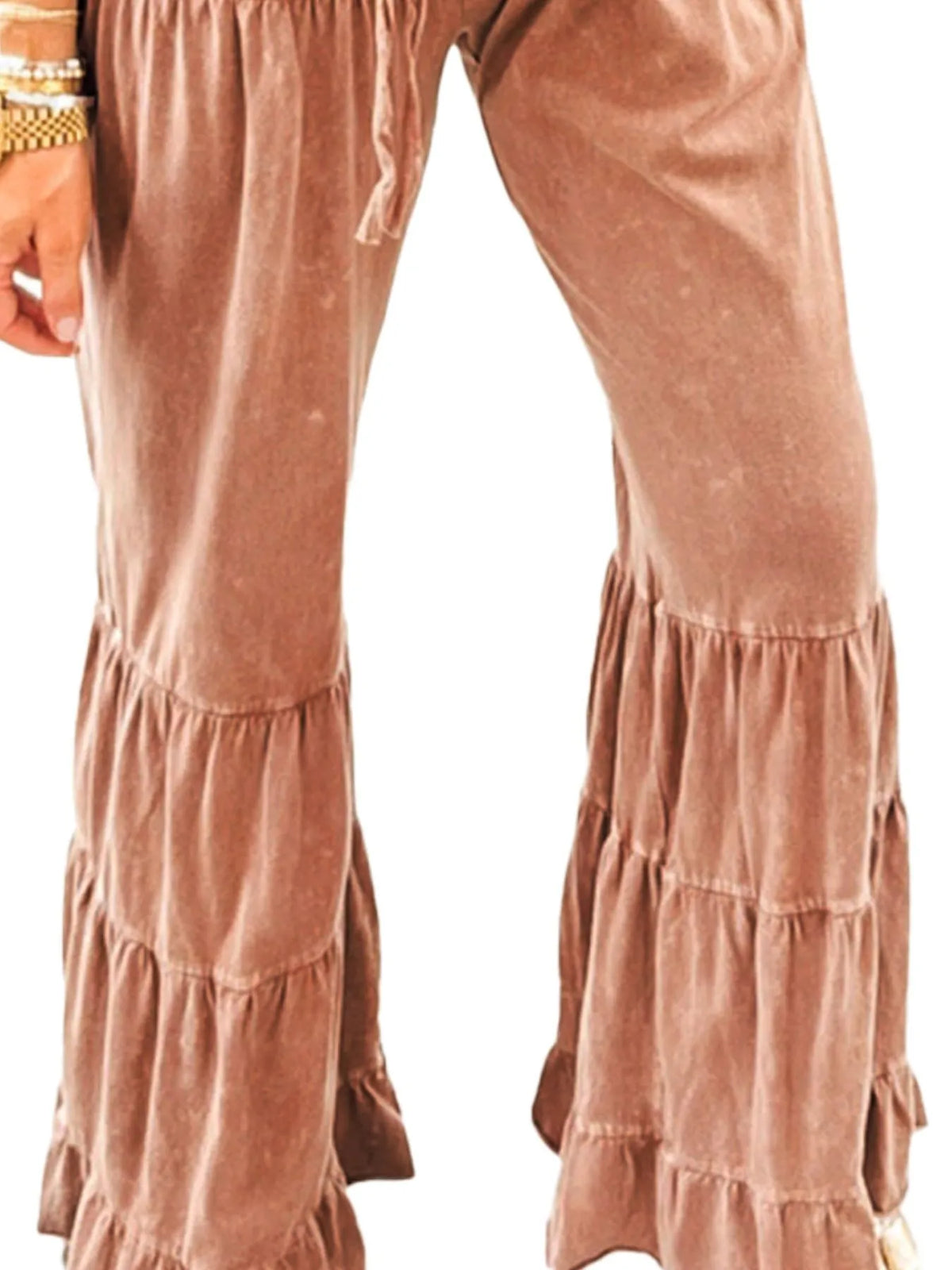 Drawstring flare Palazzo pants in copper-brown velvet with tiered ruffle hems