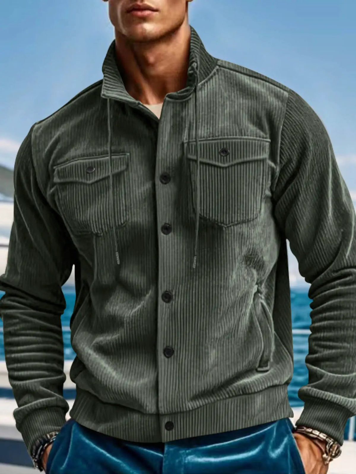 Men's olive green corduroy button-up jacket with two chest pockets featuring flaps.