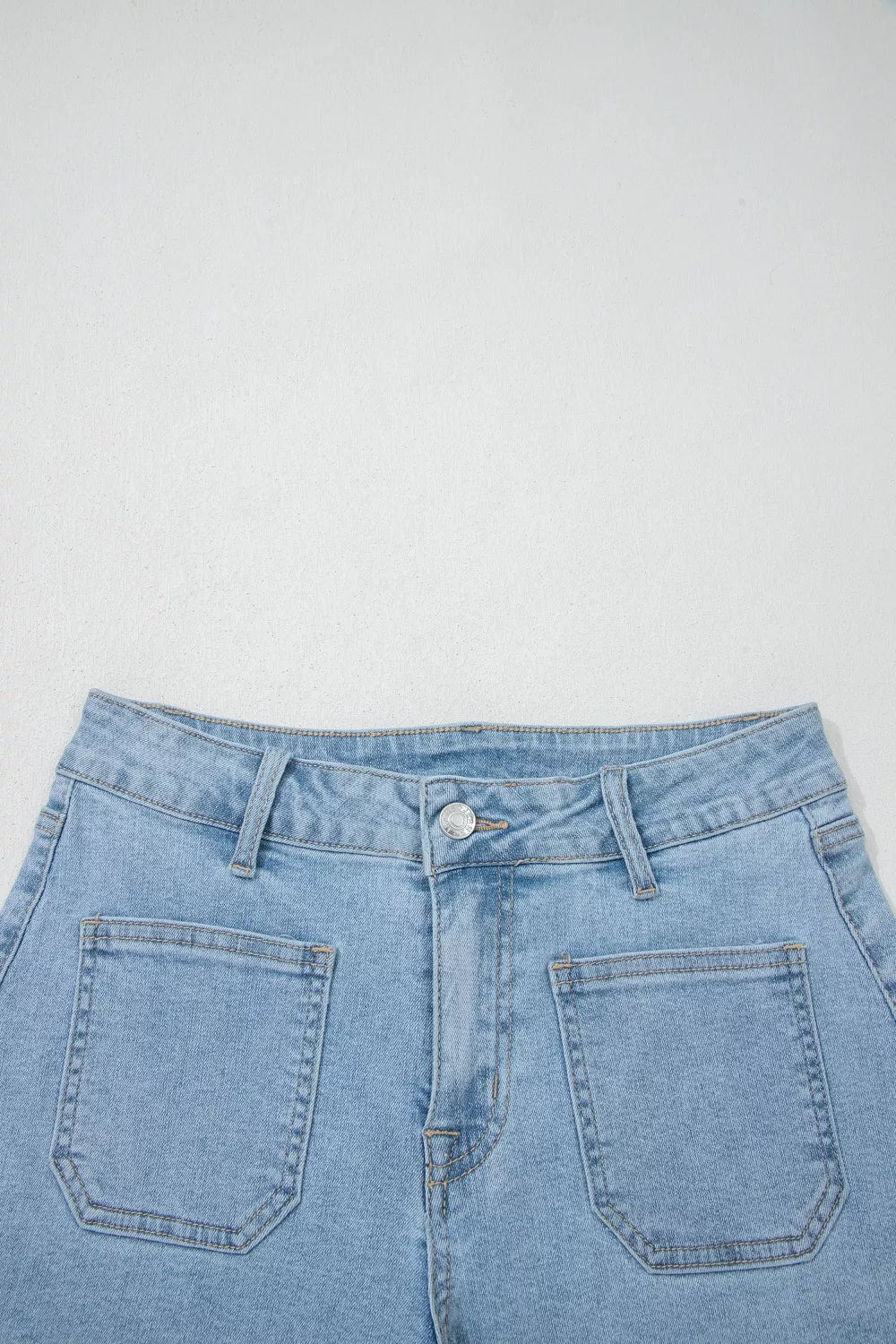 High Rise Patch Pocket Denim Shorts, light blue denim with two back patch pockets