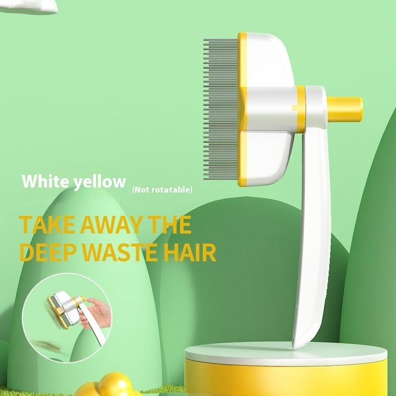 Pet grooming comb tool, white and yellow, self-cleaning design on display