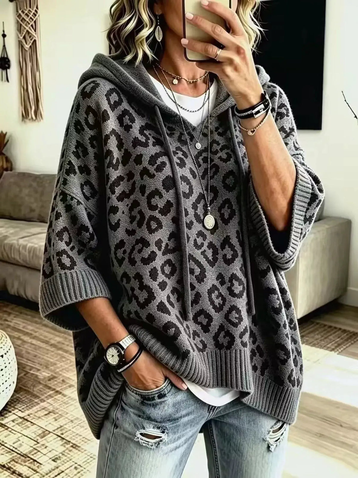 Drawstring Leopard Hooded Sweater by Trendsi; gray knit leopard pattern, oversized fit