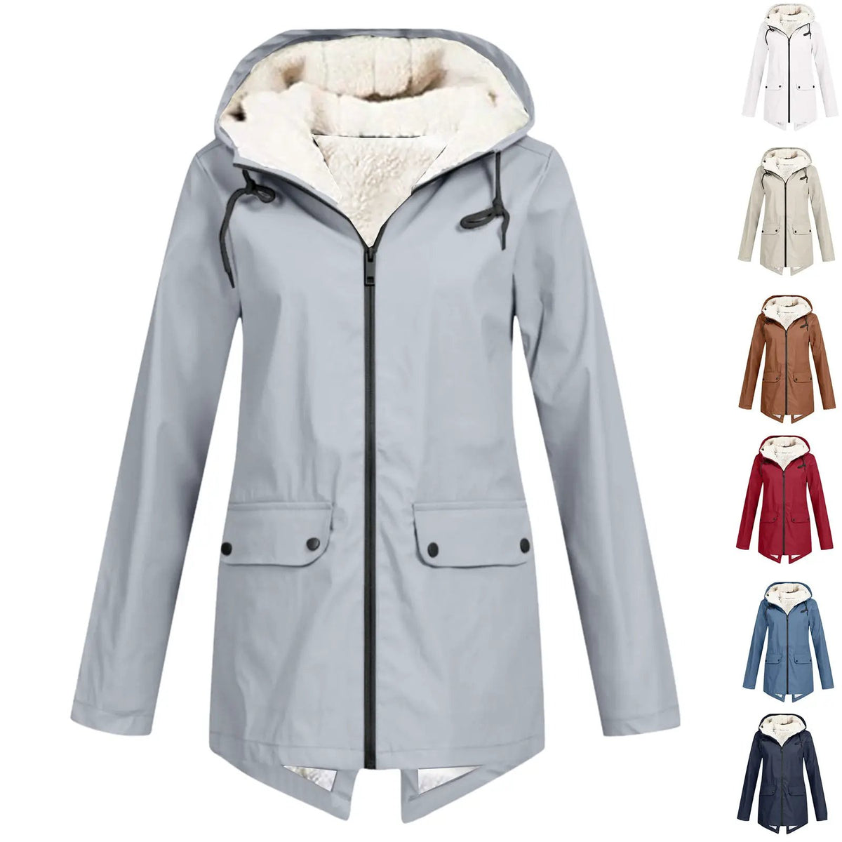 Unisex hooded winter parka with velvet lining, insulated windproof coat in light gray; available in multiple color options.