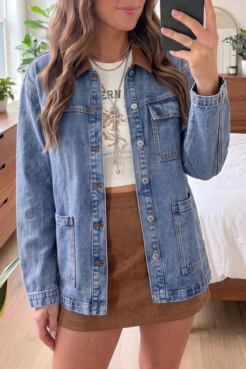 Soft cotton patchwork denim jacket with brown leather collar, patch pockets, long sleeves