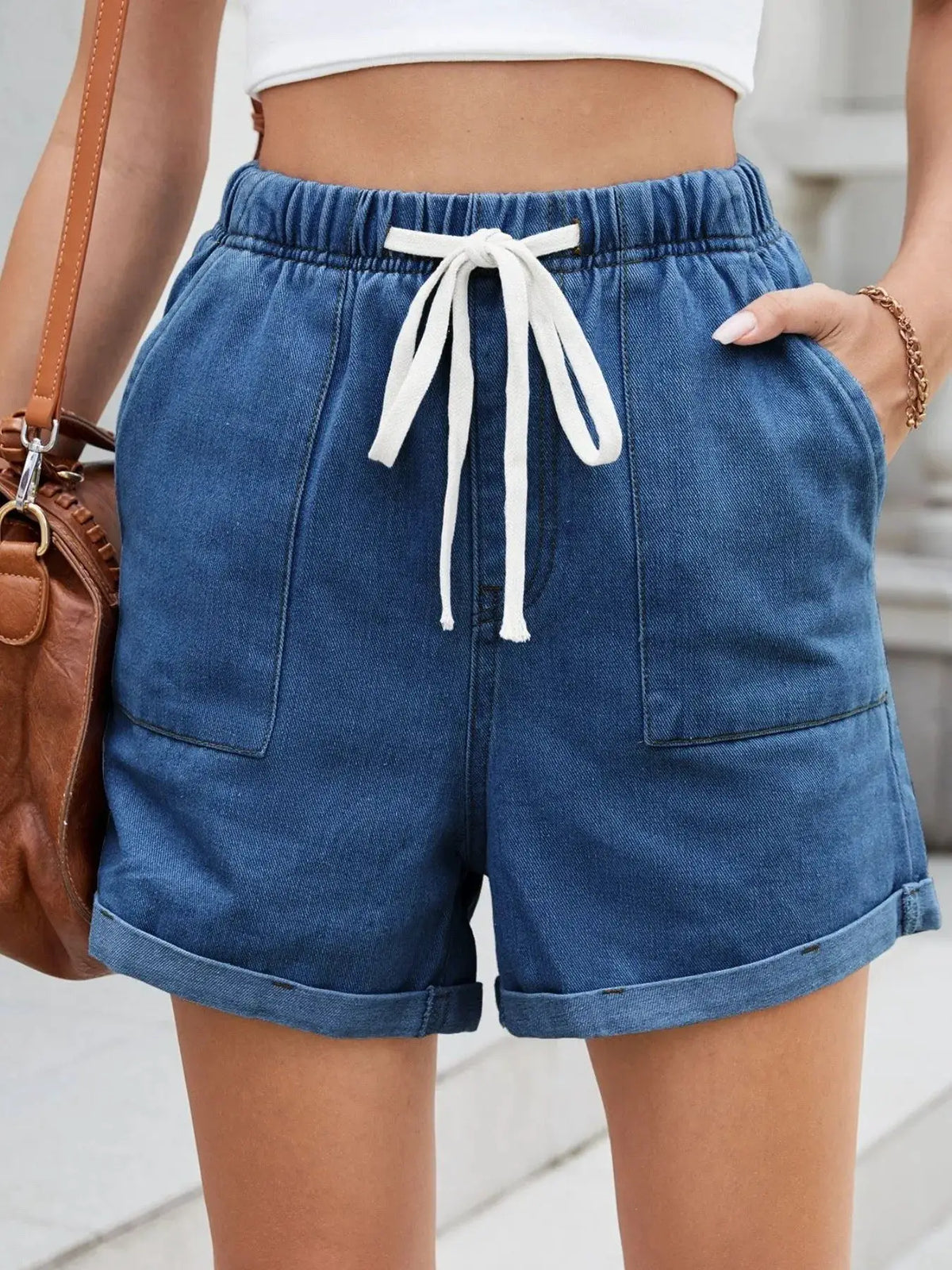 Soft Washed Drawstring Shorts for Women in blue rayon with white drawstring, rolled cuffs, Trendsi