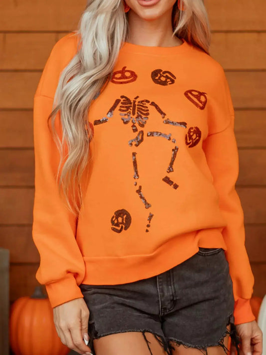 Dancing Critters Sequin Halloween Crewneck Sweatshirt, orange with sequined skeleton and pumpkins.