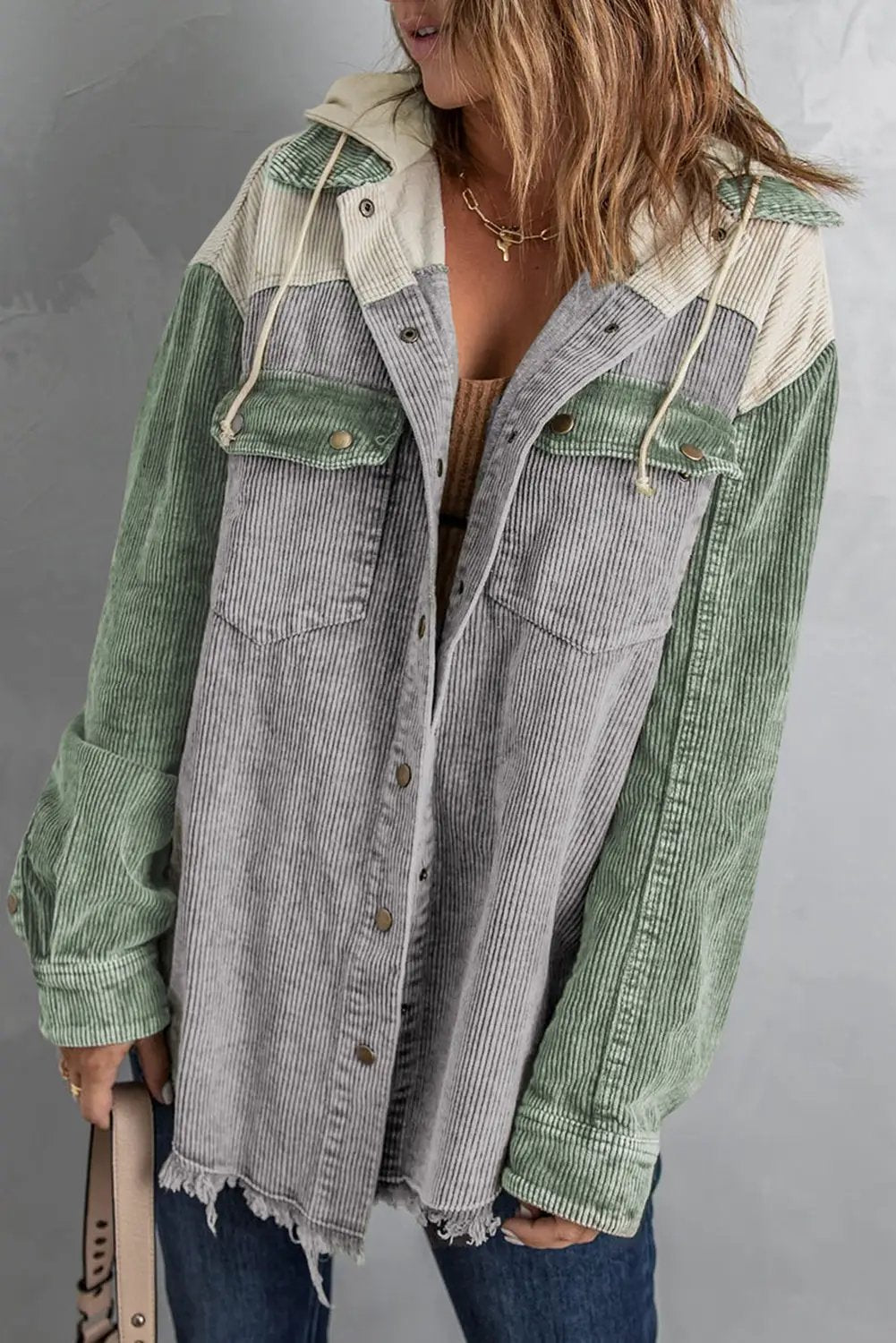 Snap Front Hooded Corduroy Shacket by Trendsi in gray, cream, and green color-block with front snaps and chest pockets.